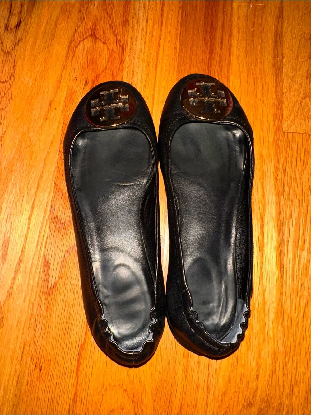 Tory Burch Black Leather Gold Logo Medallion Ballet Flats